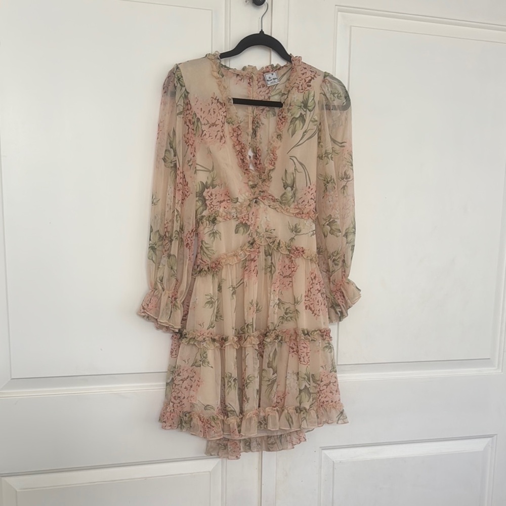 Angel Biba Pink Ruched Ruffled Long Sleeve Dress